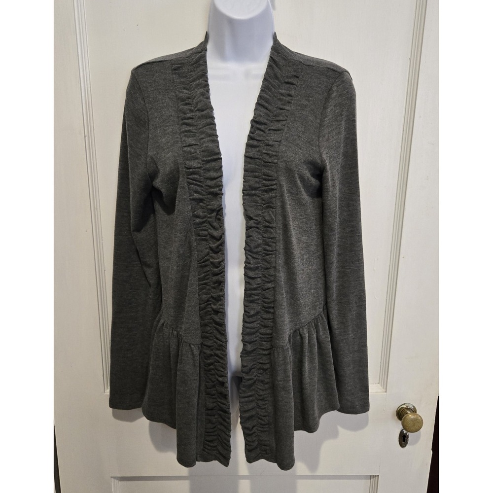 Women's Cardigan Sweater IZ BYER Ruffled Open Front Long Sleeve Gray Large
